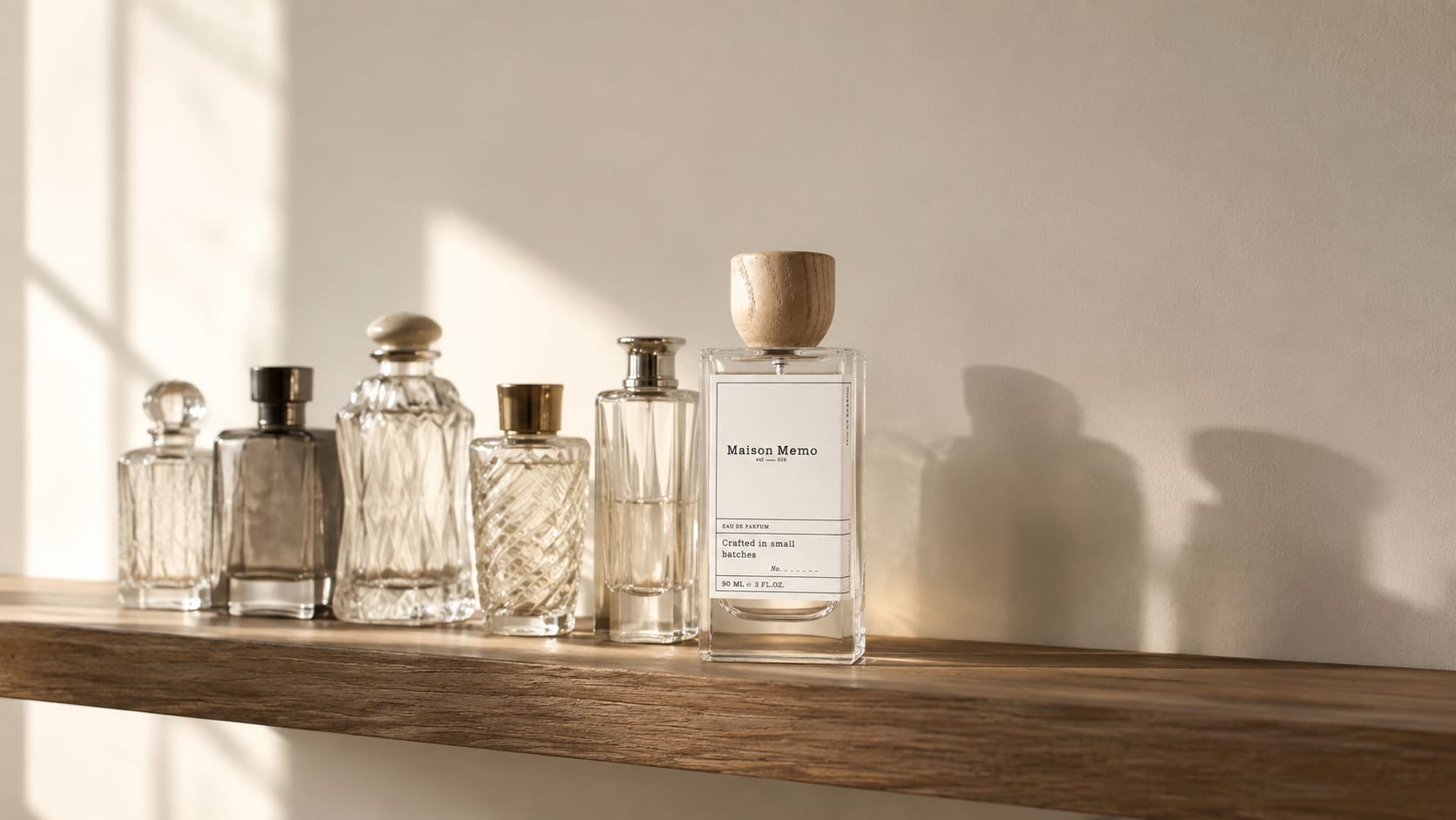 A row of antique cut-glass perfume bottles on an oak shelf, the Maison Memo flacon at the end, soft window light throwing a long shadow on a cream wall.