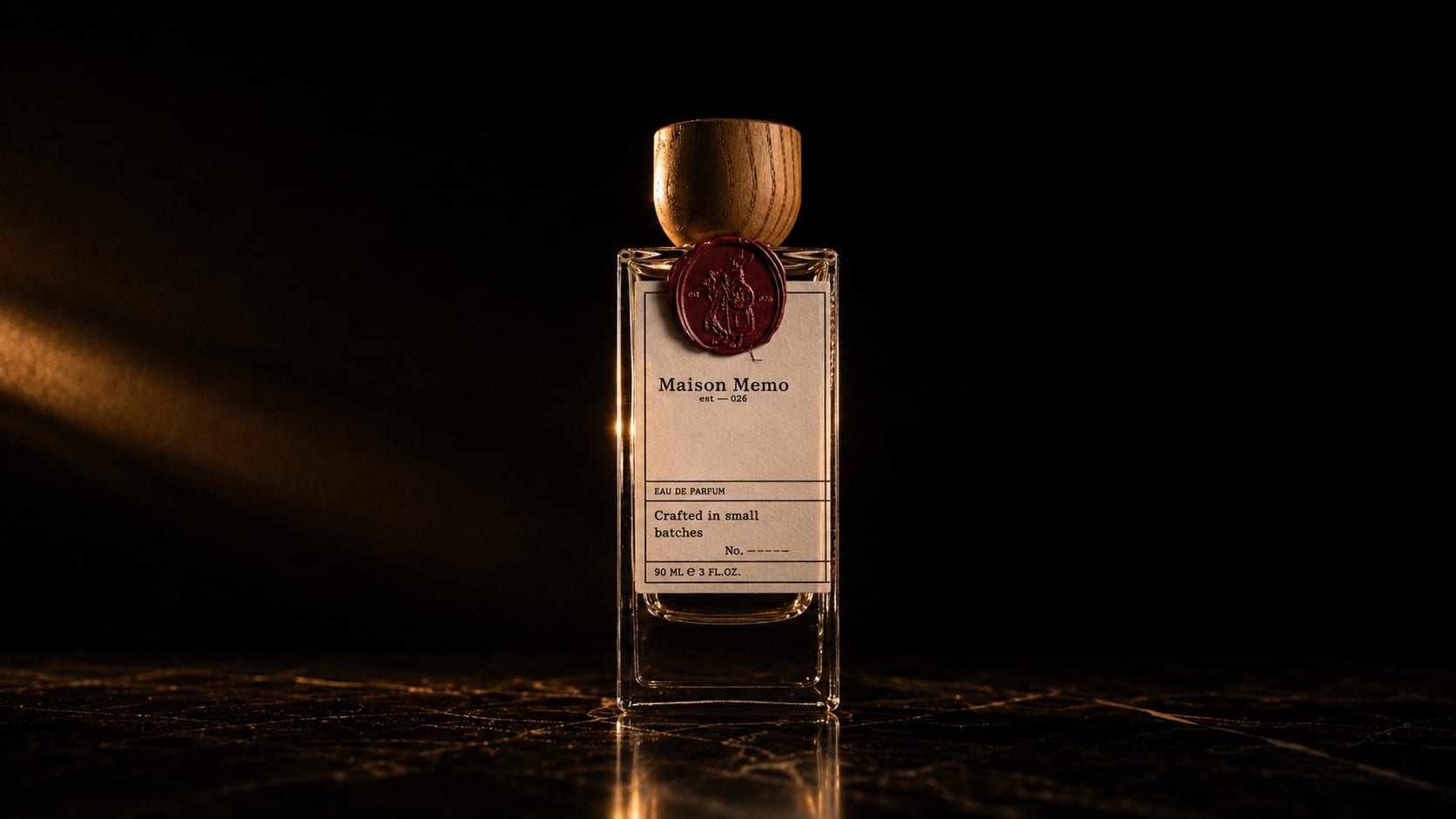 The flacon with a burgundy wax seal at the neck and a turned oak cap, lit low and warm against a near-black ground.