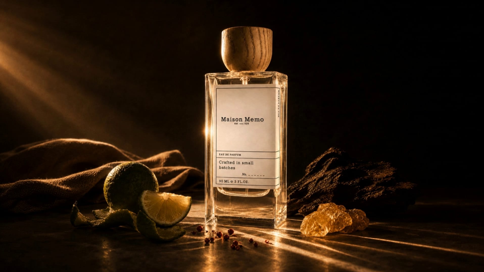 The 90 ml flacon turning slowly in warm daylight, oak cap and paper label catching the light.